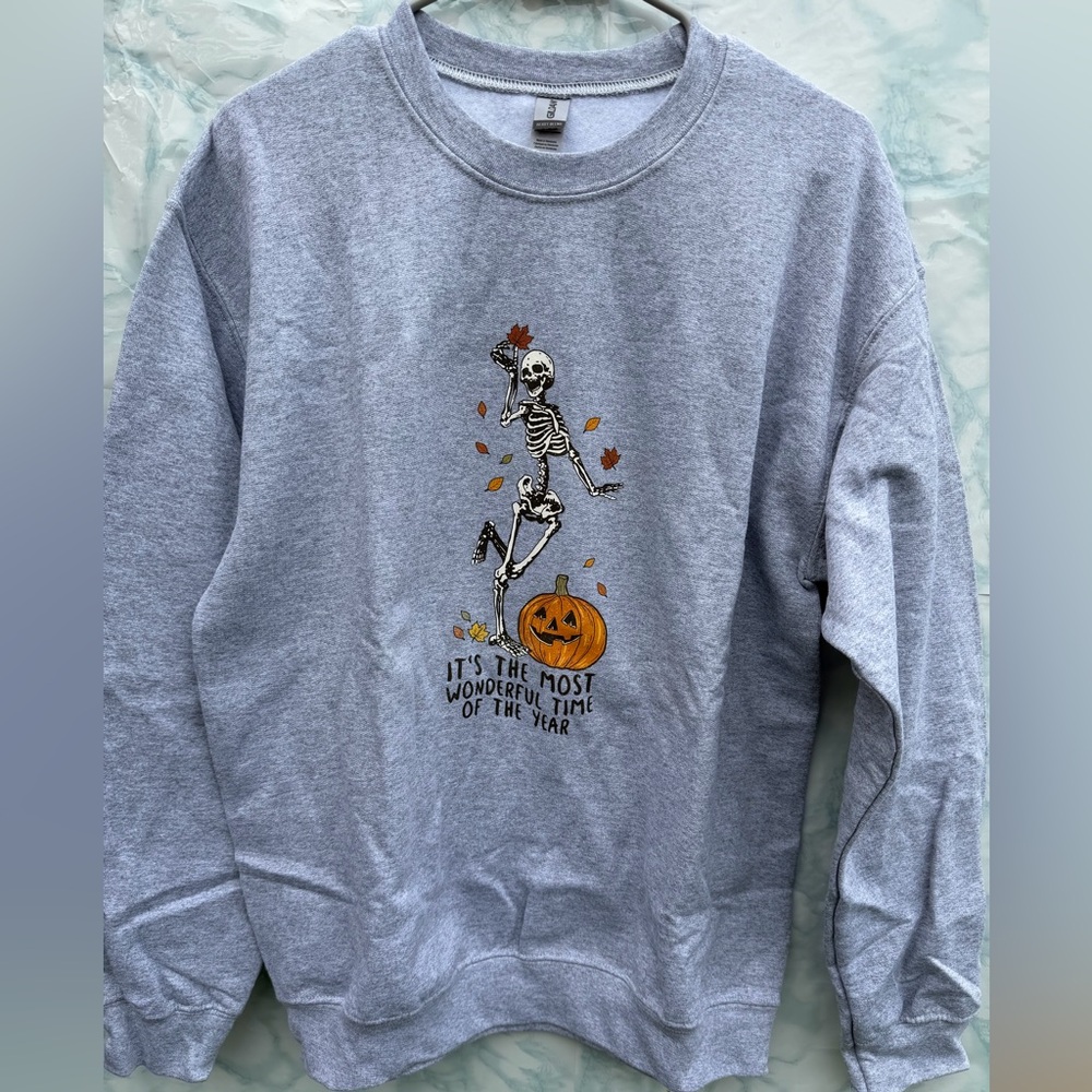 Unisex Gildan Gray Halloween Skeleton Crewneck Sweater